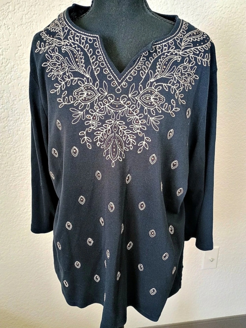 Karen Scott Embroidered Paisley Tunic in Black Like New